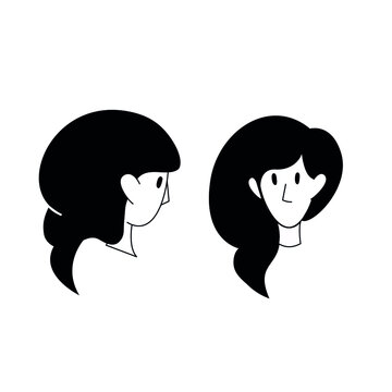Vector contour head of a woman or girl front and side view.