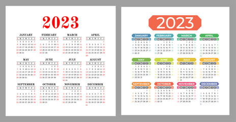 Calendar 2023. Square vector calender design template. Week starts on Sunday. New year. January, February, March, April, May, June, July, August, September, October, November, December