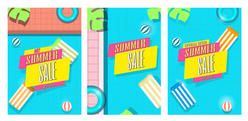 A set of three templates with the inscription summer sale on the background of the pool on top. Design of advertising banners.
