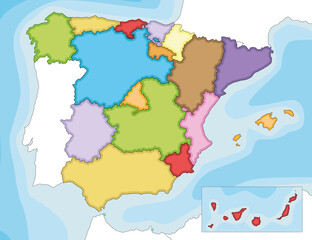 Vector illustrated blank map of Spain with regions and territories and administrative divisions, and neighbouring countries. Editable and clearly labeled layers.