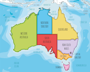 Vector illustrated map of Australia with regions and administrative divisions, and neighbouring countries and territories. Editable and clearly labeled layers.