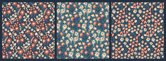 Seamless pattern with liberty meadow, decorative floral arrangement on a blue background in a set. Beautiful botanical print, ditsy surface design with small flowers, leaves. Vector illustration. © Yulya i Kot