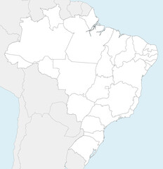 Vector blank map of Brazil with states and administrative divisions, and neighbouring countries and territories. Editable and clearly labeled layers.