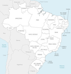 Vector map of Brazil with states and administrative divisions, and neighbouring countries and territories. Editable and clearly labeled layers.