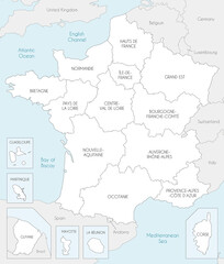 Vector map of France with regions and territories and administrative divisions, and neighbouring countries. Editable and clearly labeled layers.