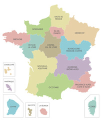 Vector map of France with regions and territories and administrative divisions. Editable and clearly labeled layers.