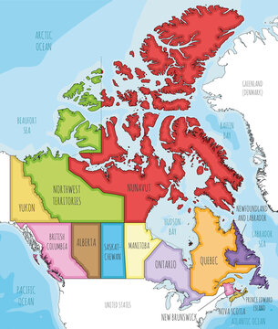 Vector illustrated map of Canada with provinces and territories and administrative divisions, and neighbouring countries and territories. Editable and clearly labeled layers.
