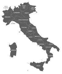 Vector map of Italy with regions and administrative divisions. Editable and clearly labeled layers.