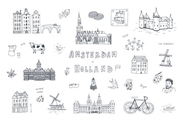 Amsterdam Holland travel vector illustraions set