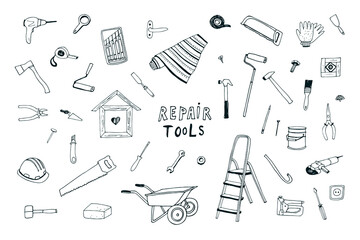 Repair tools vector line illustrations set