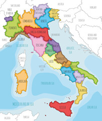 Vector illustrated map of Italy with regions and administrative divisions, and neighbouring countries and territories. Editable and clearly labeled layers.