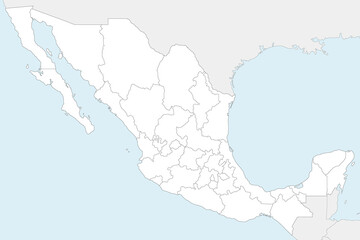 Vector blank map of Mexico with regions or states and administrative divisions, and neighbouring countries. Editable and clearly labeled layers.