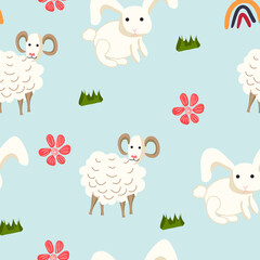 Farm animals seamless pattern. Vector print with rabbit, sheep for nursery, fabric, textile, wrapping paper, wallpaper 