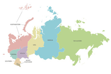 Vector map of Russia with regions or or federal districts and administrative divisions. Editable and clearly labeled layers.