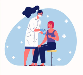 Concept of herd immunity during epidemic. Female doctor gives patient injection in shoulder. Vector cartoon style illustration with people characters.
