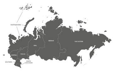 Vector map of Russia with regions or or federal districts and administrative divisions. Editable and clearly labeled layers.