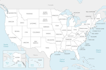 Naklejka premium Vector map of USA with states and administrative divisions, and neighbouring countries. Editable and clearly labeled layers.