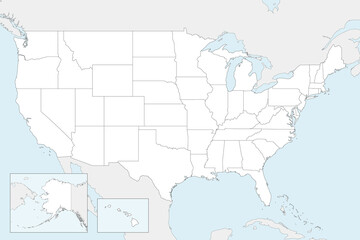Vector blank map of USA with states and administrative divisions, and neighbouring countries. Editable and clearly labeled layers.