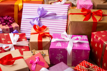 Background of many festive Christmas presents. Christmas eve concept