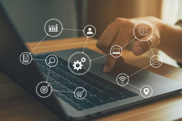 Businessman working remotely at office, modern interface payments online shopping and icon customer network connection.