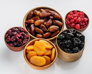set of various dried fruits on a white acrylic background