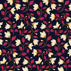 Seamless pattern with vintage botanical composition, ornamental plants in purple. Elegant floral print, beautiful botanical background with small flowers, leaves on branches. Vector.