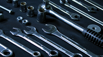 Fototapeta premium Chrome Vanadium Wrenches And Socket Spanners Angle View