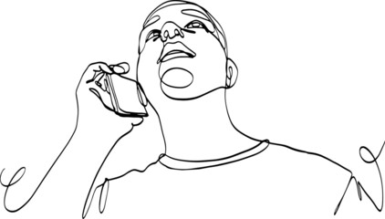 Close-up of a boy holding his cellphone close to his ear and looking upwards. continuous line illustration, black on white background