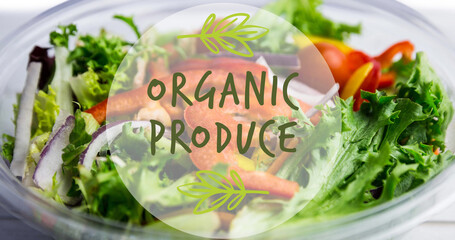 Image of organic produce text in green, over bowl of fresh salad