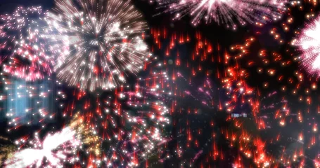 Stof per meter Image of exploding red and white fireworks scrolling on black background © vectorfusionart