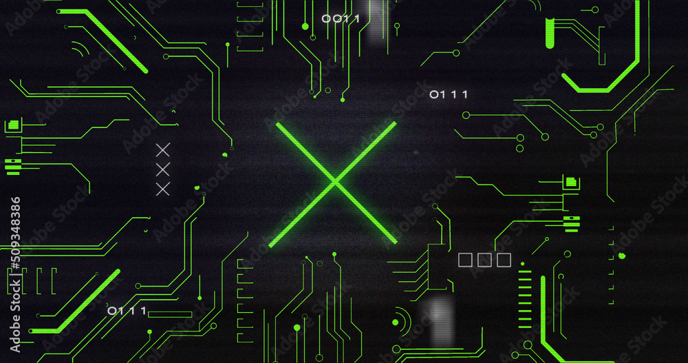 Poster image of interference over cross, data processing and computer circuit board
