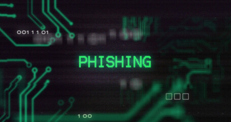 Image of interference over phishing text, data processing and computer circuit board