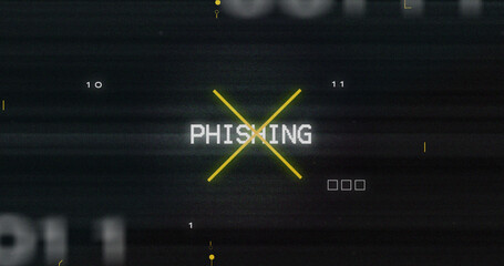 Image of interference over phishing text, data processing and computer circuit board