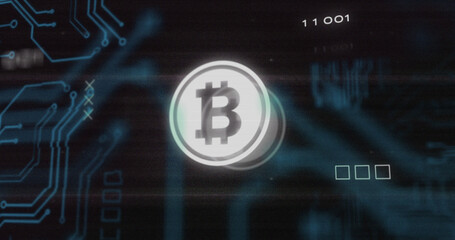 Image of interference over bitcoin symbol, data processing and computer circuit board