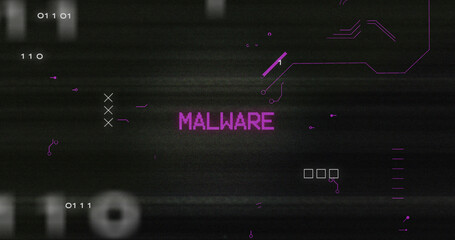 Image of interference over malware text, data processing and computer circuit board