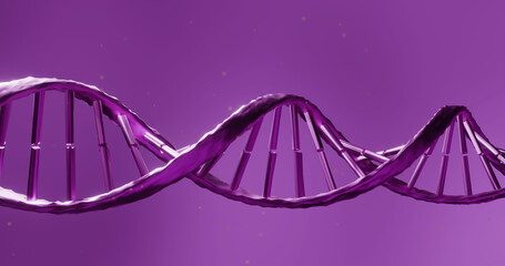 Image of dna strand over light spots on purple background