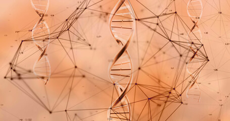 Image of dna strands over network of connections on pink background