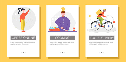Food delivery mobile application banner set. Ordering in the internet, cooking food, waiting courier on bike. Vector illustration.
