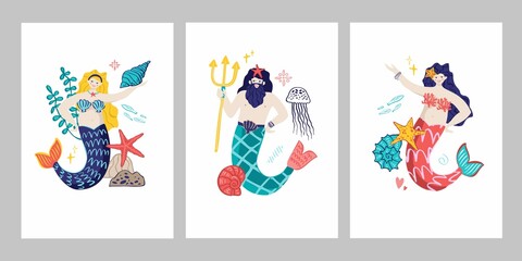 Set of marine decorative color posters with mermaids, neptune, shells, fish, seaweed isolated on white. Cards collection about wild life in ocean. Magic underwater characters. Vector illustration