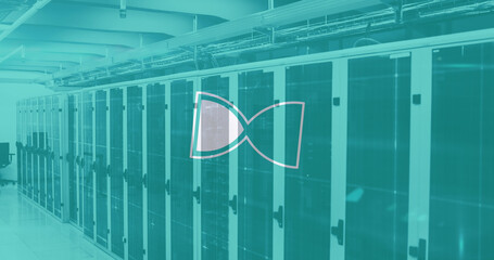 Image of hourglass loading and data processing over computer servers