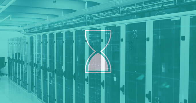 Image of hourglass loading and data processing over computer servers
