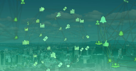 Image of network of connections with icons over cityscape