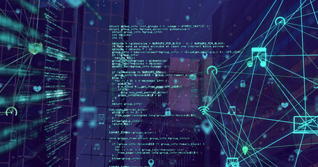 Image of network of connections with icons and data processing over cityscape