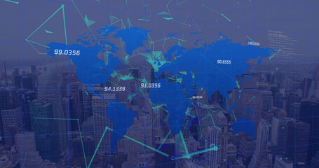 Image of network of connections with map over cityscape
