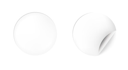 Round white sticker mockup. Circle stickers blank with curl corner, adhesive paper mock up.