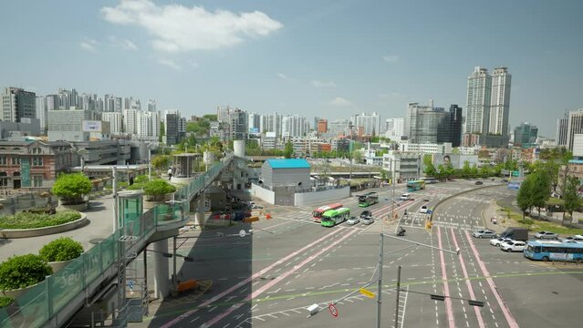 Daytime Traffic On Bustling City Roads Near Seoul Station And Seoullo 7017 In Seoul, South Korea. high angle