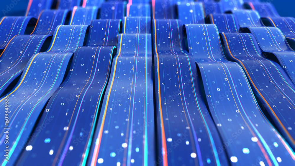 Poster Cyber stream 3D illustration, data field, information flow, big data, binary code linear concept