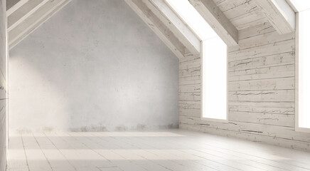 Obraz premium 3d illustrationSpace without decoration, detail of the roof in the form of a gable. Rustic wooden walls and floors. All white