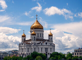 Fototapeta na wymiar The Cathedral of Christ the Savior on the background of the blue sky, Russia Moscow.