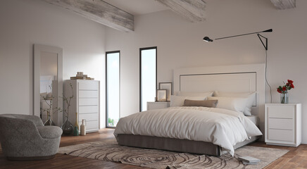 3d illustration
White double bedroom. Spacious room with a large bed in white colors. Carpet and modern decoration. Detail of wooden beams on the ceiling. Natural lighting through windows
